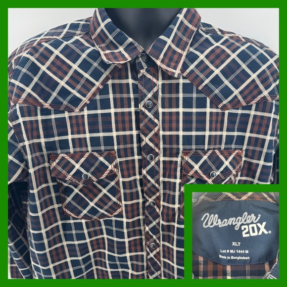 Wrangler Other - Wrangler 20X Plaid Western Shirt XLT Long Sleeve Brown Blue Cowboy Rodeo snap